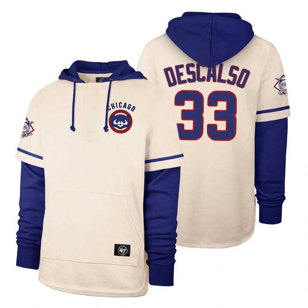 Men Chicago Cubs 33 Descalso Cream 2021 Pullover Hoodie MLB Jersey